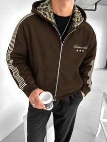 Men's Leopard Print Lining Hooded Zip-Up Jacket With Side Stripes, Loose Oversized Vintage Y2K Streetwear Style Warm Coffee Color Hooded Coat With Pockets - Coffee Brown - View 1