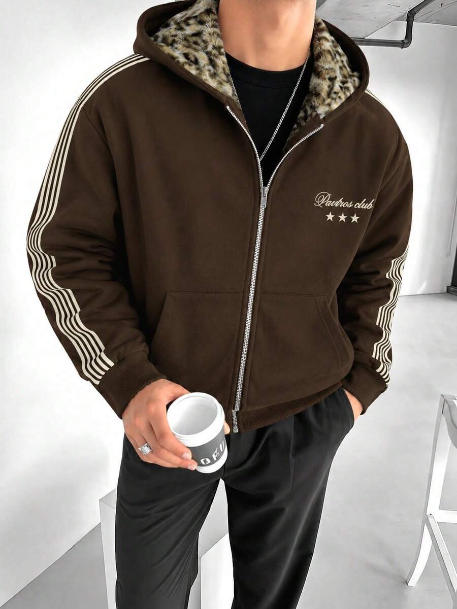 Men's Leopard Print Lining Hooded Zip-Up Jacket With Side Stripes, Loose Oversized Vintage Y2K Streetwear Style Warm Coffee Color Hooded Coat With Pockets - Coffee Brown - View 1