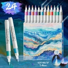 12-240色時尚液體丙烯酸麥克筆,個性化軟尖設計,彩色墨水,書法、繪畫與著色必備水彩筆,學校用品開學禮物 - 套裝 - 查看 12
