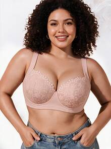 1pc Plus Size Lace Underwire Bra, Wide Adjustable Shoulder Straps, Full Coverage High Support, Suitable For Full-Figured Women's Daily Bra - Pink - View 3