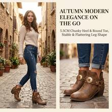 Light Brown Embroidered Western Style Ankle Boots With Strap Buckle, Convertible Detachable Design, Chunky Mid Heel, Round Toe, Comfortable Versatile Elegant Street Fashion Office Commute Daily All-Season Low-Top Boots - Brown - View 6