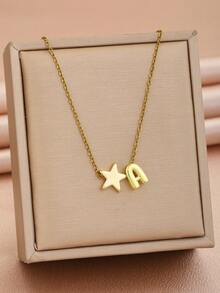 1pc Five-Pointed Star & Initial Letter Charm Stainless Steel Necklace For Anniversary Mother's Day Children's Day Birthday Gift For Daily Life - Gold - View 1