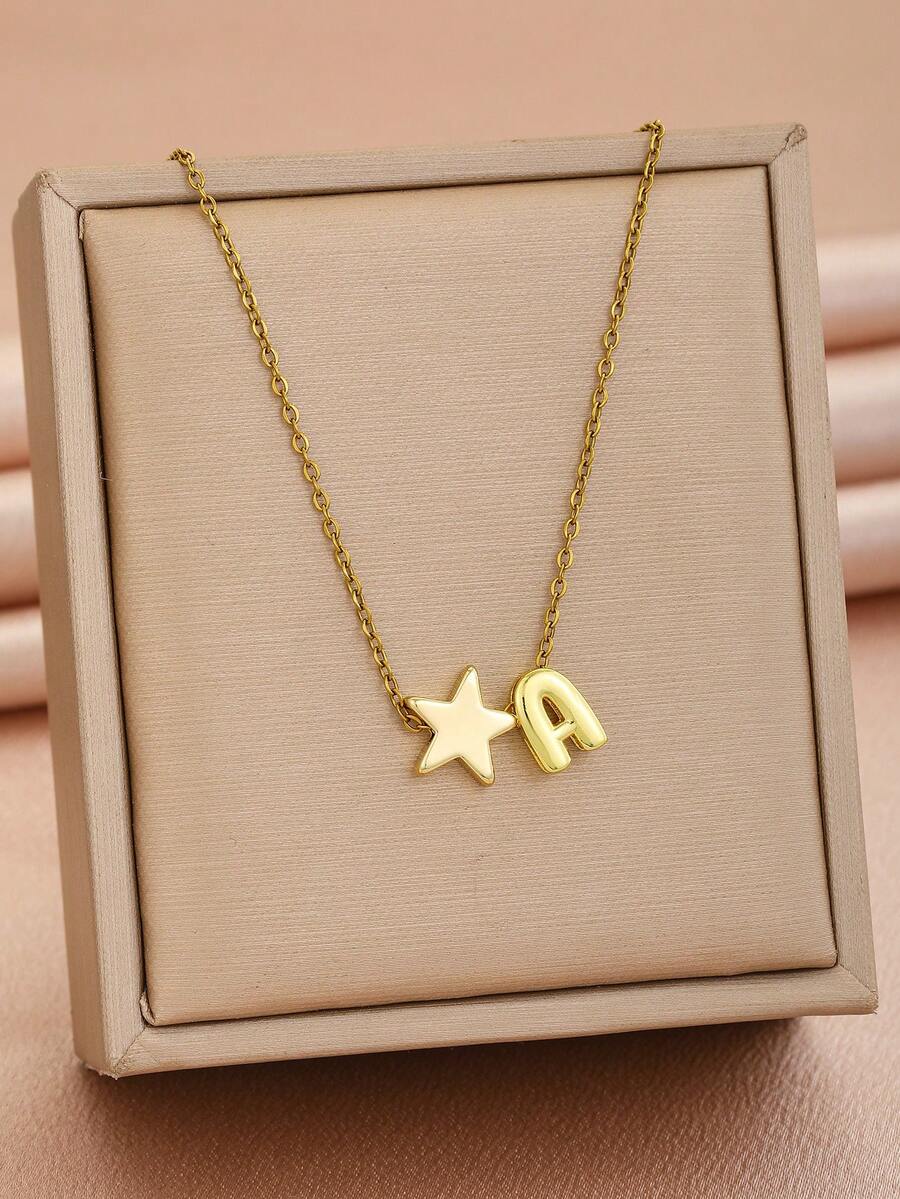 1pc Five-Pointed Star & Initial Letter Charm Stainless Steel Necklace For Anniversary Mother's Day Children's Day Birthday Gift For Daily Life - Gold - View 1