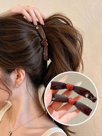 Red Heart Vertical Banana Clip, Vertical Snap Design For Secure Hold, Suitable For High Ponytails And Twisted Updos, Exquisite Texture With Elegant Aura, Perfect For Dates And Shopping