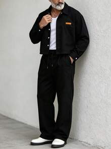 Premium Solid Color Short Work Jacket & Draped Loose Wide Leg Trousers Men's Spring/Autumn 2 Pieces Set Minimalist Outfit - Black - View 5