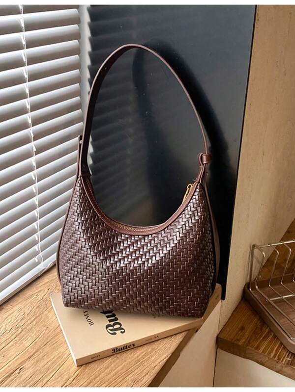 1pc Minimalist Solid Woven Faux Leather Underarm Bag, Crescent Shape Casual Shoulder Purse For Beach Picnic Street Outfit