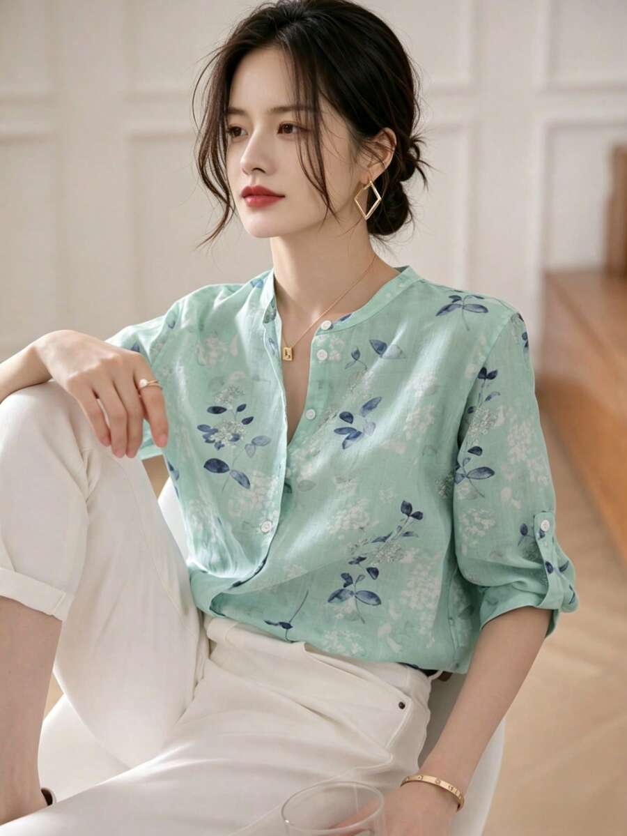 YUXIN 女款霧藍色水彩花卉印花立領七分袖上衣，捲袖口修身透氣上衣，春夏辦公度假襯衫