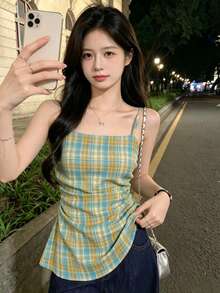 YUXIN Vintage Style Color Block Plaid Sleeveless Tank Top For Women, Design Element With Ruched Waist Flattering Back Detail, Summer - Blue - View 3