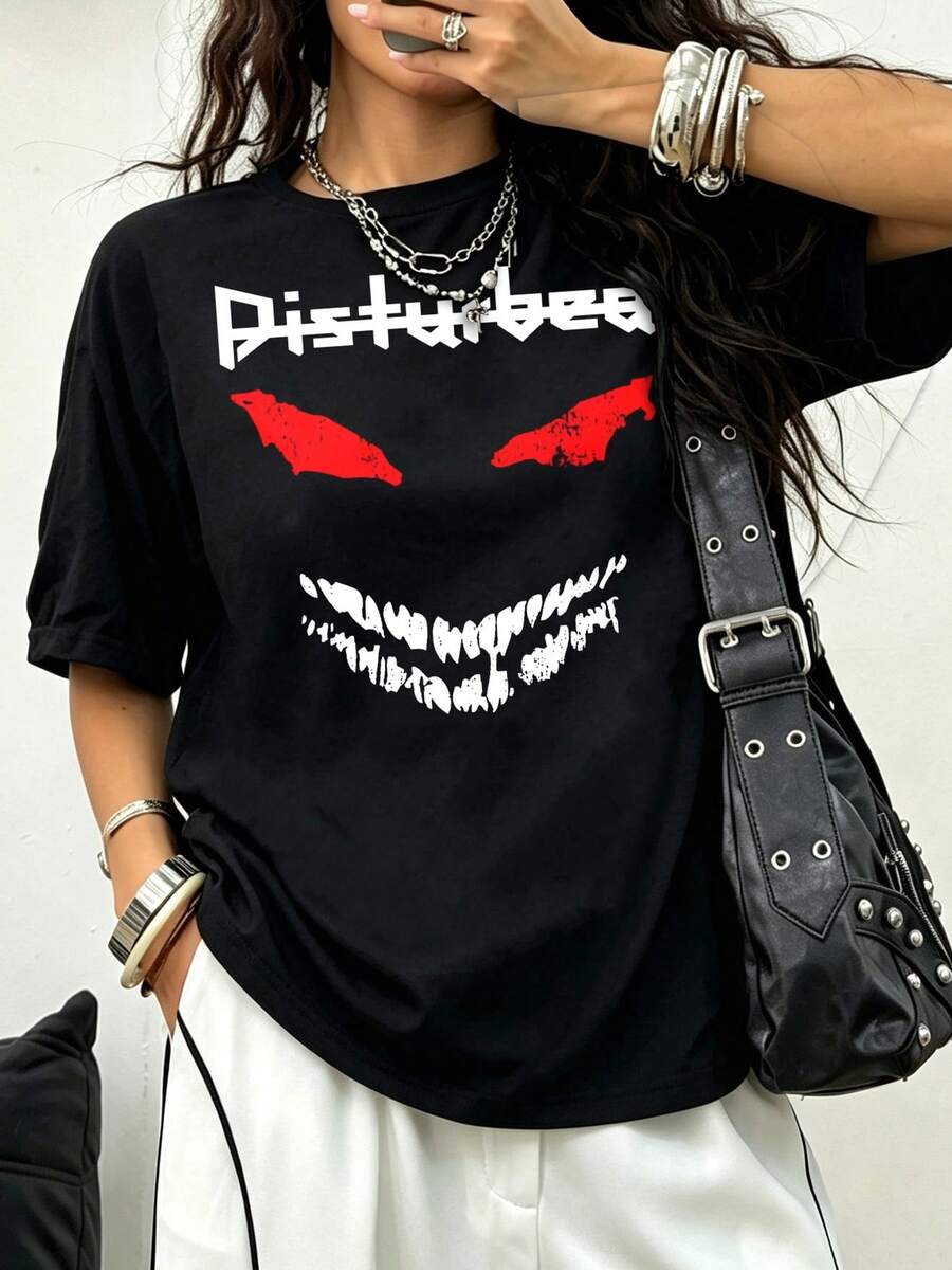 Dark Gothic Disturbed Red Eye Demon Fangs T-Shirt Heavy Metal Band Distressed Grunge Print Soft Cotton Tee - 黑色 - 查看 1