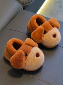 1 Pair New Winter Girls' Plush Slippers, Cute Plush Dog Design, Warm Children's Slippers, Boys' Non-Slip House Shoes - Light Coffee - View 7
