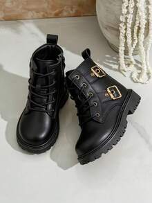 Girls' Black Motorcycle Style Ankle Boots, Metal Double Buckle Lace-Up Side Zipper Leather Boots, Thick Sole Anti-Slip Wear-Resistant Children's Autumn/Winter Work Boots - Black - View 2