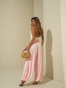 Calça Aladim Malha Fluity Elegante Cintura Alta Fashion - Rosa Bebê - Visão 3