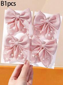 4/1pc Pink Plaid Fabric Pearl Bow Hair Clips Cute Little Princess Hair Accessories Alligator Hair Clips Non-Damaging For Daily Use - Pink - View 9