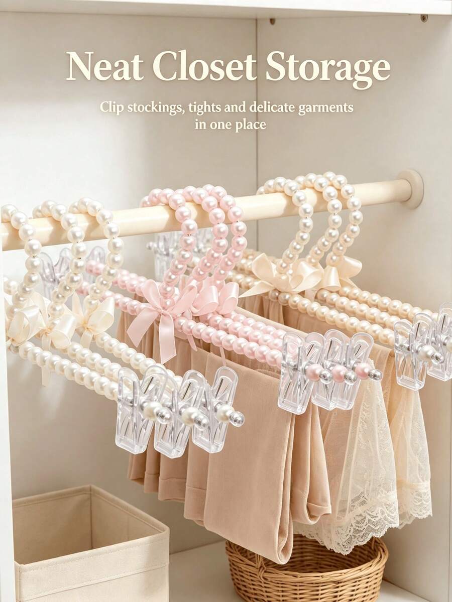 1/5/10pcs Pearl Bowknot Hangers For Clothes, Elegant Closet Organizers, Non-Slip Pants Clips, Bedroom Storage Solutions, Home Organization Essentials, Space-Saving Wardrobe Accessories