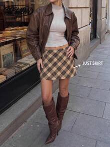 Women's Preppy Brown Plaid Mini Skirt, High Waist Diagonal Plaid Wool Blend A-Line Skirt, Suitable For Autumn Campus Daily Wear - Brown - View 8