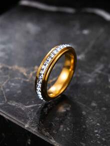 1pc Stainless Steel Gold Ring, Pave Set Colorful Square Rhinestone Thin Band, Versatile Accessory For Daily Wear, Date And Party - Multicolor - View 8