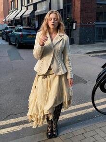 Women's Beige Woven Vintage Jacket, Lapel Collar, Long Sleeve, Gold Button Decor, Gender-Neutral Streetwear Outerwear For Autumn, Back To School Teacher's Day Regular Length Flight Jacket Style, Halloween And Christmas Jacket, Ribbed Fabric Non-Stretch - Champagne - View 5