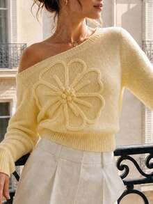 Women's Knit Cold Shoulder Pullover Sweater, Decorated With Floral Embroidery, Long Sleeve Cropped Design Fall - Yellow - View 7