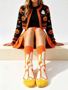 1 Pasang Kaos Kaki Wanita Motif Bebek Lucu Halloween Setinggi Betis - MultiWarna - View 2