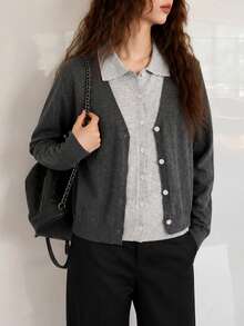 Women's Autumn Casual Minimalist 2 In 1 Lapel Cardigan Knit Sweater Fall - Grey - View 3