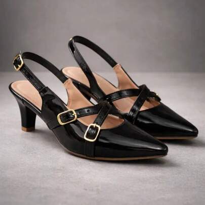 Sapato Feminino Scarpin Social Slingback Bico Fino Salto Fino Baixo Fivelas Leve Confortável