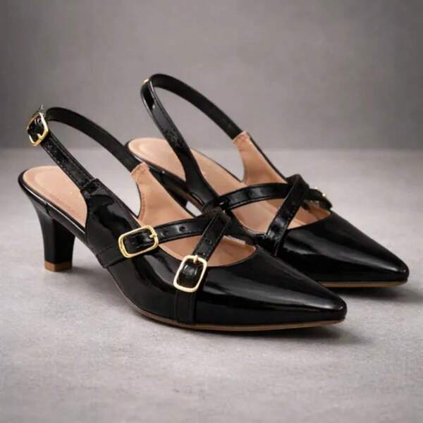 Sapato Feminino Scarpin Social Slingback Bico Fino Salto Fino Baixo Fivelas Leve Confortável