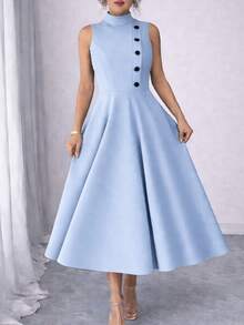 Elegant Sleeveless High Neck Midi Dress For Women, Side Button Detail, Chic Casual And Party Tailored Dress - azul bebe - 查看 8