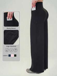 Women's Black High-Waisted Wide Leg Pants With Pockets - Spring & Summer Comfy Flowy Lounge Pants For Yoga, Workout & Daily Wear - Black - View 6