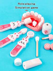 1 Set Wooden Children Doctor Toy Set, Realistic Stethoscope Dentist Tool Kit, Role Play Housekeeping Toy For Girls - Multicolor - View 5