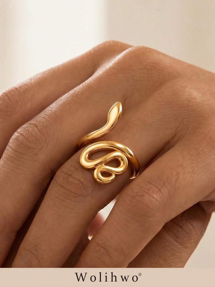 1pc Unique Gold Snake Ring 14K Gold Plated Open Adjustable Finger Ring Punk Gothic Style Snake Jewelry Suitable For Women Holiday Party - Gold - View 1