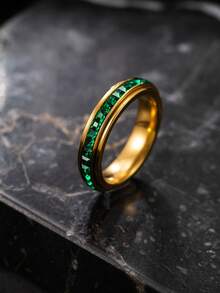 1pc Stainless Steel Gold Ring, Pave Set Colorful Square Rhinestone Thin Band, Versatile Accessory For Daily Wear, Date And Party - Multicolor - View 20