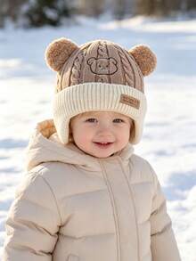 1pc Baby Cartoon Bear Embroidered Plush Ear Cable Knit Fabric Warm Windproof Cute Style Ear Protection Knit Hat Autumn/Winter Outdoor Daily - Multicolor - View 3