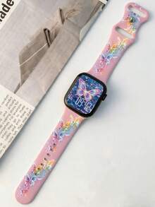 1pc Cute Pink Butterfly Silicone Strap, Compatible With Apple Watch Band 38/40/41/42/44/45/46/49mm 1-11 Series, Women Fashion Replacement Strap - Butterfly Style Pink - View 5