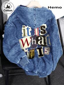 Hemo Men's Autumn/Winter Streetwear Pattern Hooded Sweatshirt, Slightly Elastic Washed Distressed Cotton Black Long Sleeve Zip-Up Hoodie, Outdoor Casual Wear, Emo Style, 2000s Style - Royal Blue - View 2