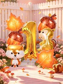Set Of 8 Gold Balloons Featuring Numbers, Foxes, Squirrels, Acorns, And Maple Leaves-Perfect For Birthday Decorations, Woodland-Themed Parties, Fall Harvest Parties, Thanksgiving, Baby Showers, And Autumn Outdoor Picnics. - View 1