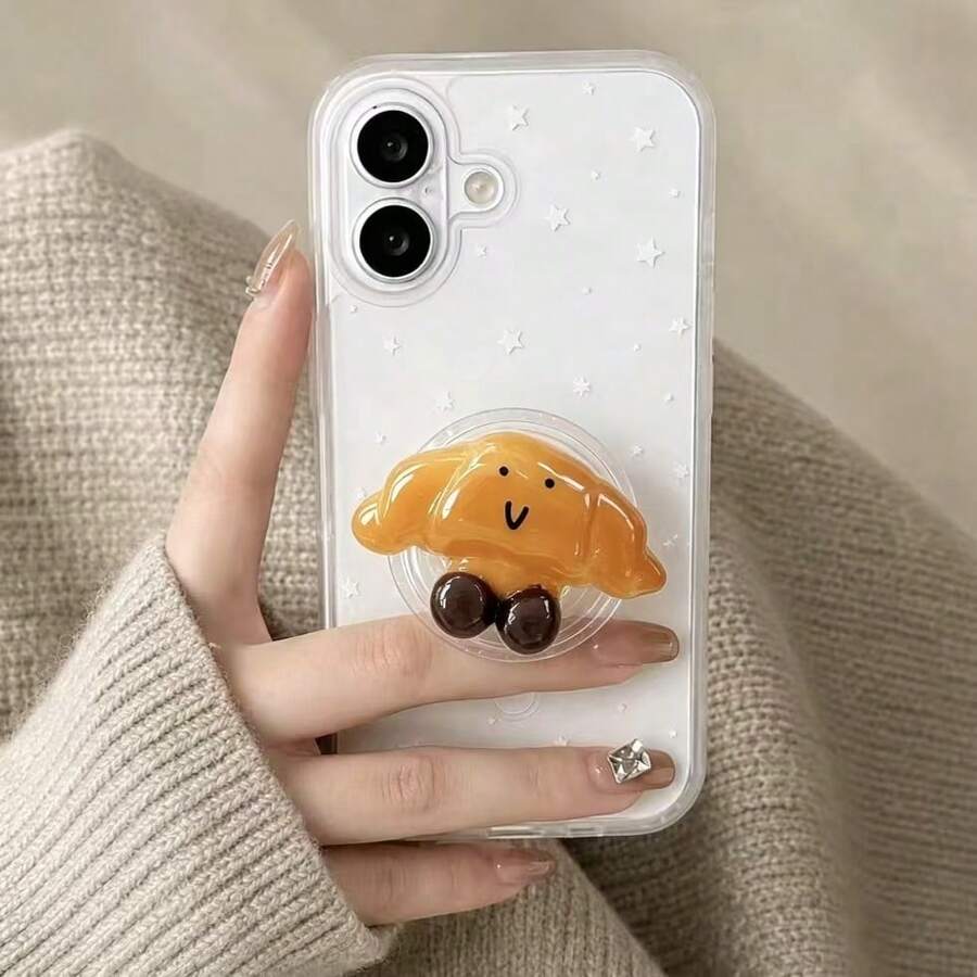 Transparent Bottom Croissant Adhesive Phone Holder, Compatible With All Phones, Cute Desktop Stand - Burnt Orange - View 1