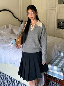 Women's Colorblock Elegant Niche Design Knit Sweater With Turn-Down Collar, Soft Style Base Layer Top, Autumn/Winter - Grey - View 5