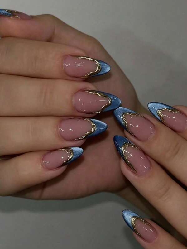 12pcs Handmade Nail Stickers, Short Nails, French Manicure, Shiny Cat Eye French Manicure, Pink Manicure, Blue Manicure, Gold Manicure, Cute Manicure, Minimalist Manicure, Hand-Painted Gold French Manicure, Elegant Cute Style, Suitable For Various Occasions, Reusable Press-On Almond Nails