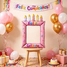 Handheld Candle Birthday Cake Photo Frame Balloon Spanish Happy Birthday Print Feliz Cumpleaños Birthday Party Anniversary Decoration - Multicolor - View 2
