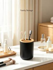 This Innovatively Designed Black Toothbrush Cup With Lid Is Made Of Durable Plastic, Perfect For Storing Oral Care Products. It Can Also Be Used As A Household Item, Toothbrush Holder, Home Decor, Storage Box, And Bathroom Personal Care Accessory. - Multicolor - View 4