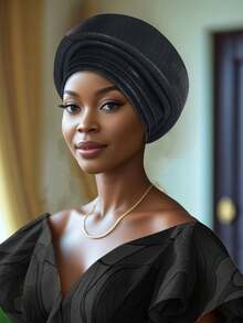 1pc Woman's Pre-Tied Gele Headwrap, Solid Pleated African Turban, Elegant Women Wedding Party Head Wrap Hat - Multicolor - View 3