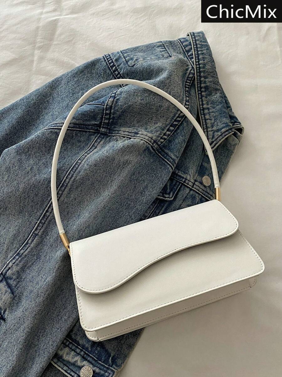 Fashionable Solid Color Asymmetrical Flip-Top Vintage Simple Elegant Shoulder Bag , Old Money , Office, Cream Bag, Quiet Luxury - White - View 1