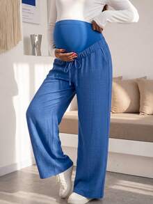 Maternity Blue Wide Leg Pants, Loose Fit, High Waist With Belly Support And Drawstring Waist, Casual Daily Wear And Home Loungewear - Blue - View 3