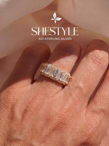 1 pieza Anillo rectangular con incrustación de media luna de plata de ley 925, regalo elegante para mujeres, adecuado para citas, fiestas y aniversarios - Rectángulo - Ver 5