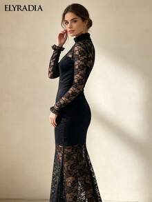 ELYRADIA Elegant Long Black Lace Dress For Fall Fashionable Stand Collar Long Sleeve Bodycon Gown For Work, Formal & Luxury Evening Parties - Black - View 6