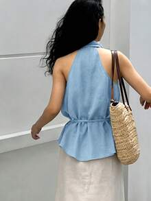 女款純色掛脖深V領設計腰部綁帶無袖背心上衣 夏季 - 霧霾藍 - 查看 2