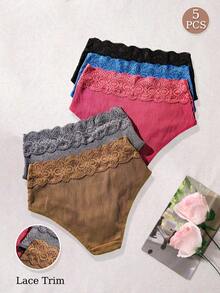 5pcs Women's Comfortable Pure Cotton Fabric Patchwork Sexy Lace Trim Elegant High Waist Triangle Panties - Multicolor - View 4