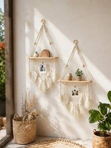 1 Peça Prateleira Suspensa de Parede com Borlas, Decoração Boêmia, Prateleira Flutuante de Madeira com Folha Tecida à Mão para Banheiro, Quarto, Sala de Estar, Berçário, Sem Clipes - Multicolorido - Visão 5