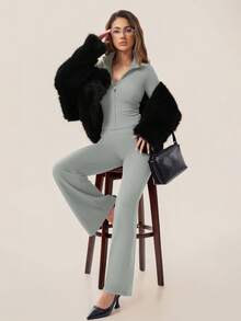 TimeOff Women's One Set Autumn/Winter Solid Color Stand Collar Jacket & High Waist Straight Leg Wide Leg Pants - Grey - View 5
