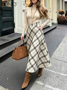 DONICY Women's White Diagonal Plaid High Waist A-Line Midi Skirt, Flowy Hem Long Skirt, Suitable For Spring And Autumn Daily Wear - White - View 9